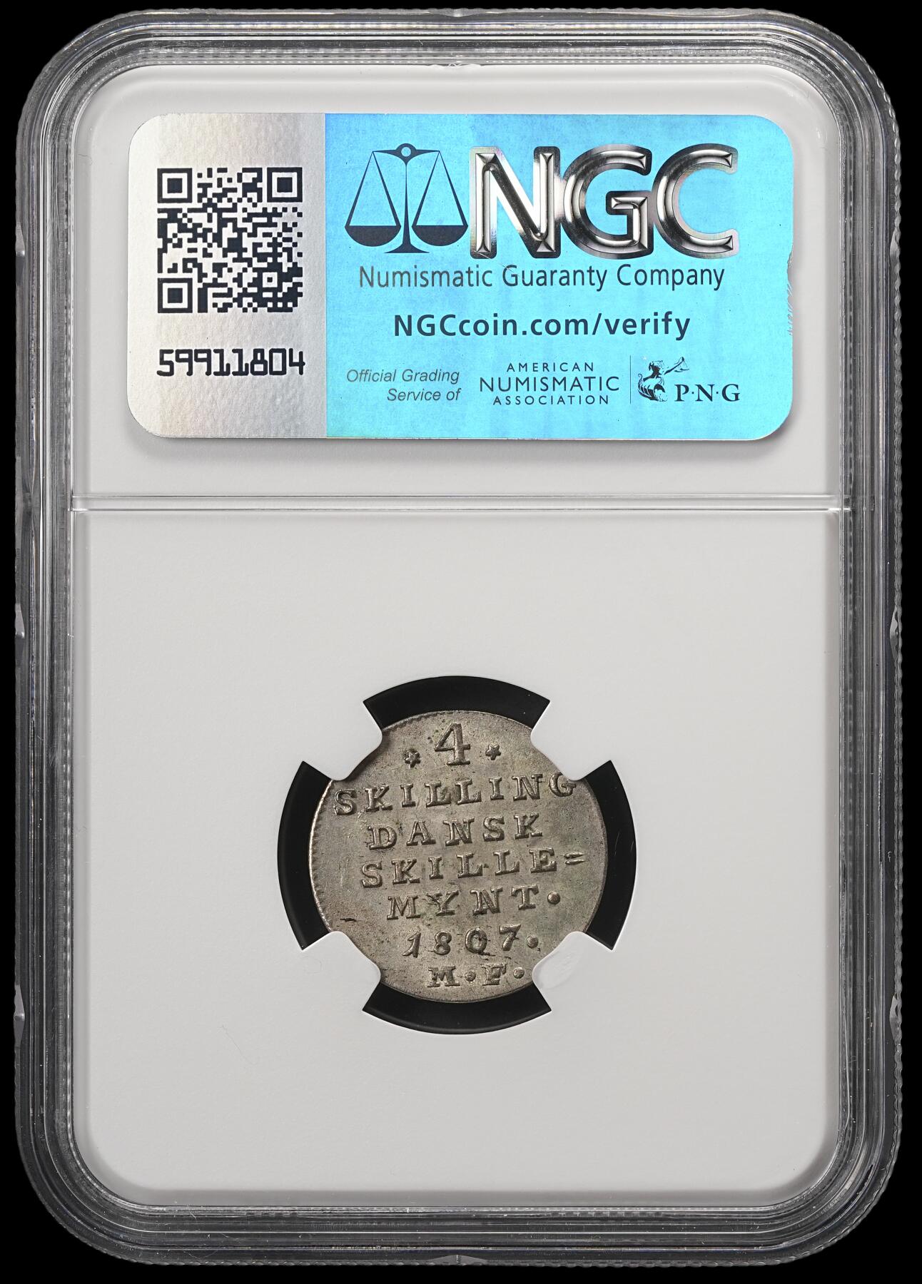 修遠堂世界钱币第五十九期 NGC MS63 1807年丹麦4 SKILLING银币
