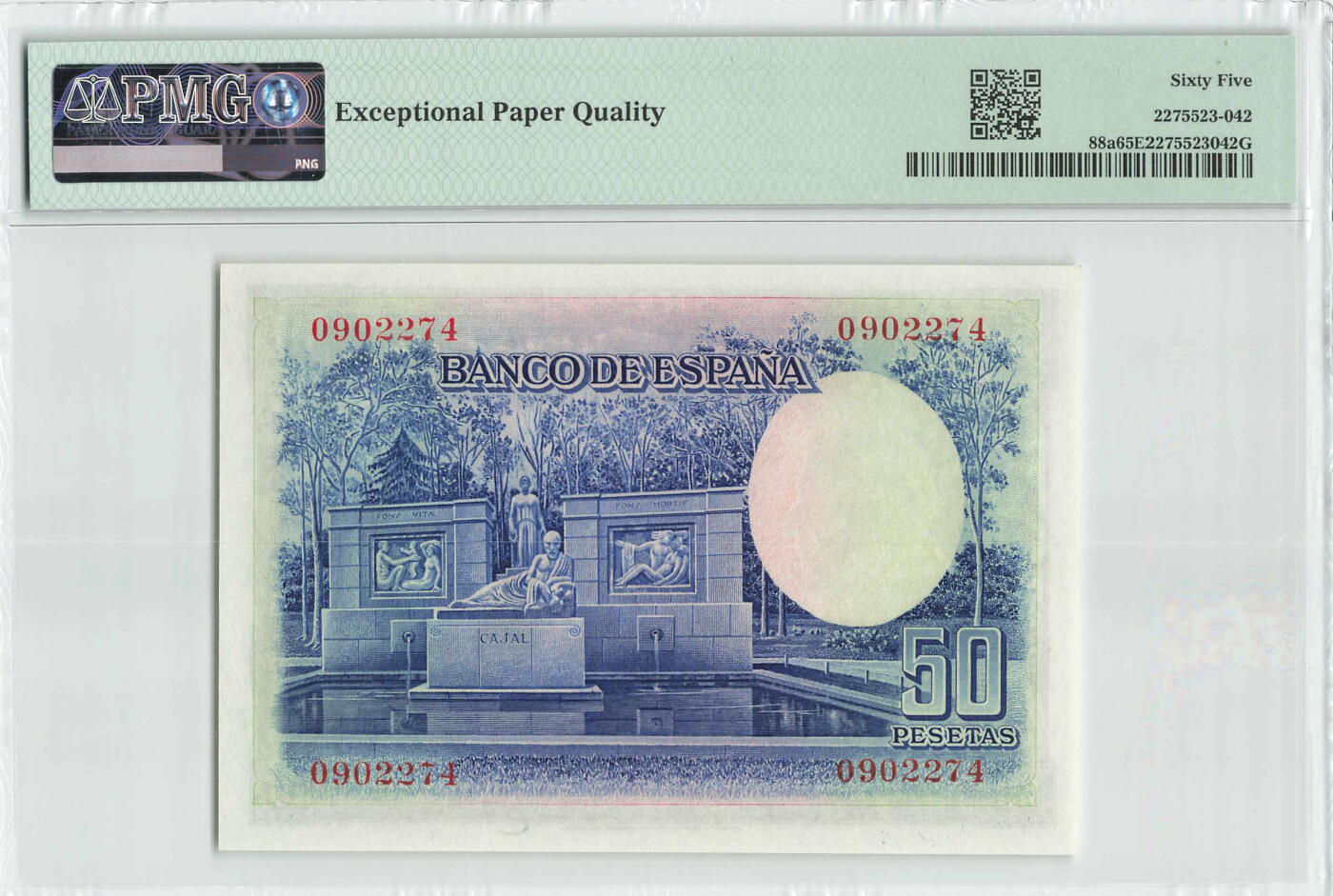 小福收藏拍卖第184期 评级币精选场 本期有荷兰1928年25盾 德国格林 梅里安 荷属安的列斯1962年100和500盾 塔希提1000样钞唯一冠军分 拉斐尔 大松鼠 北爱高分样钞等多国精美高分珍稀老钞精品纸币 西班牙 1935年 50比塞塔 淡紫色a版 PMG65 EPQ