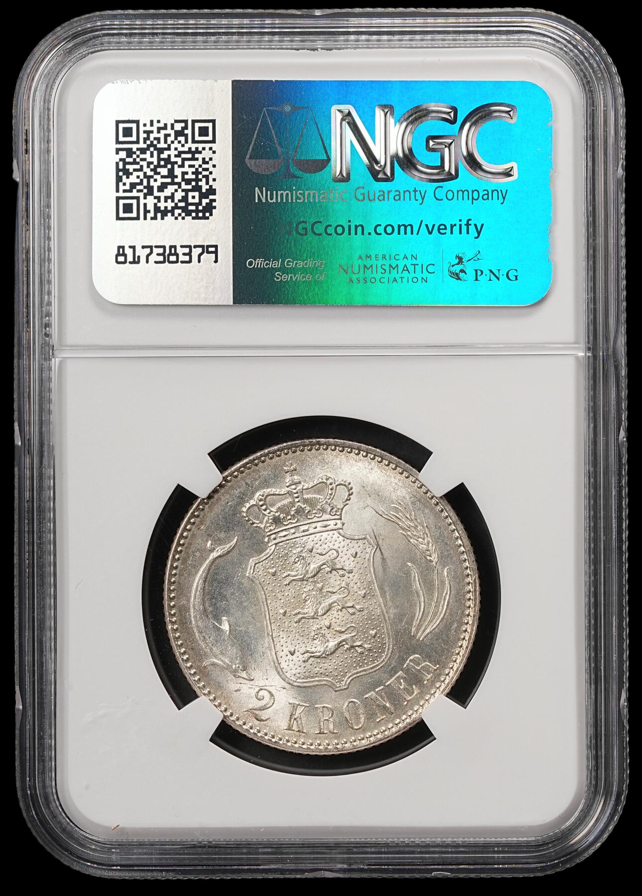 修遠堂世界钱币第五十九期 NGC MS63 1916年丹麦海豚2克朗银币 流通克朗MS较少见