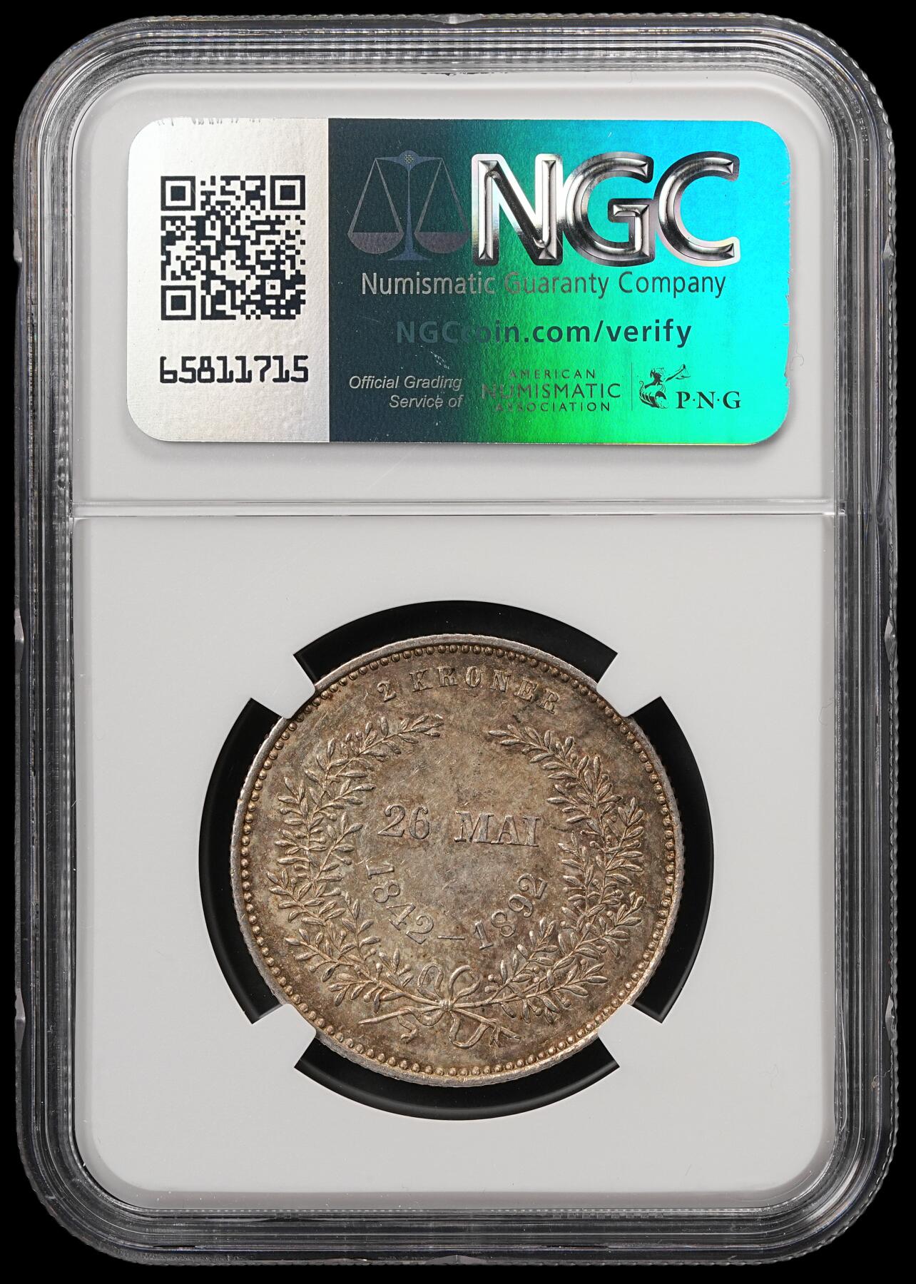 修遠堂世界钱币第五十九期 NGC MS63 1892年丹麦国王金婚纪念2克朗银币