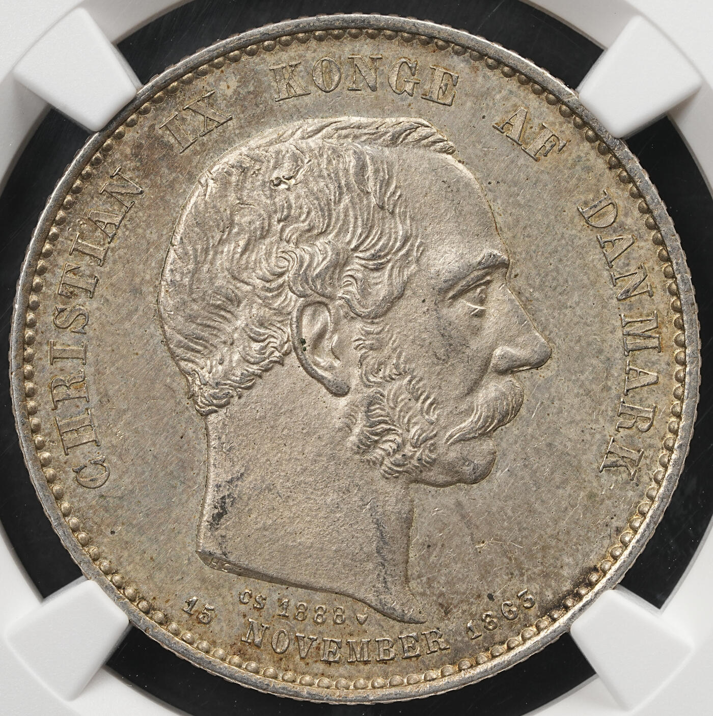修遠堂世界钱币第五十九期 NGC MS61 1888年丹麦国王登基25周年纪念2克朗银币