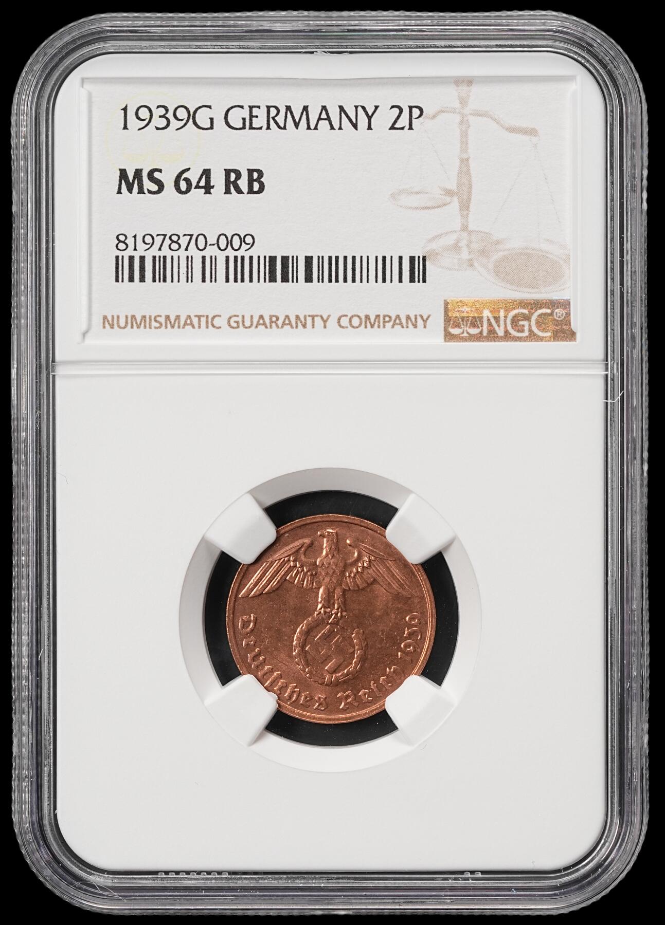 修遠堂世界钱币第五十九期 NGC MS64RB 1939年德国2芬尼铜币 G厂铭