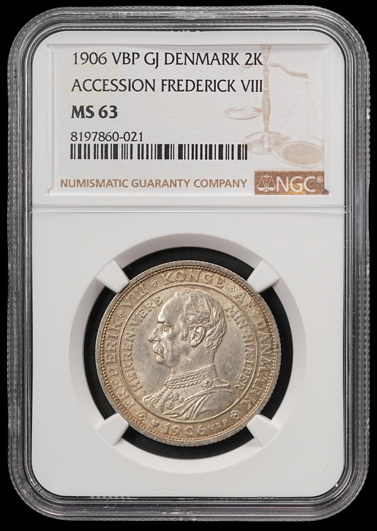 修遠堂世界钱币第五十九期 NGC MS63 1906年丹麦国王更迭纪念2克朗银币