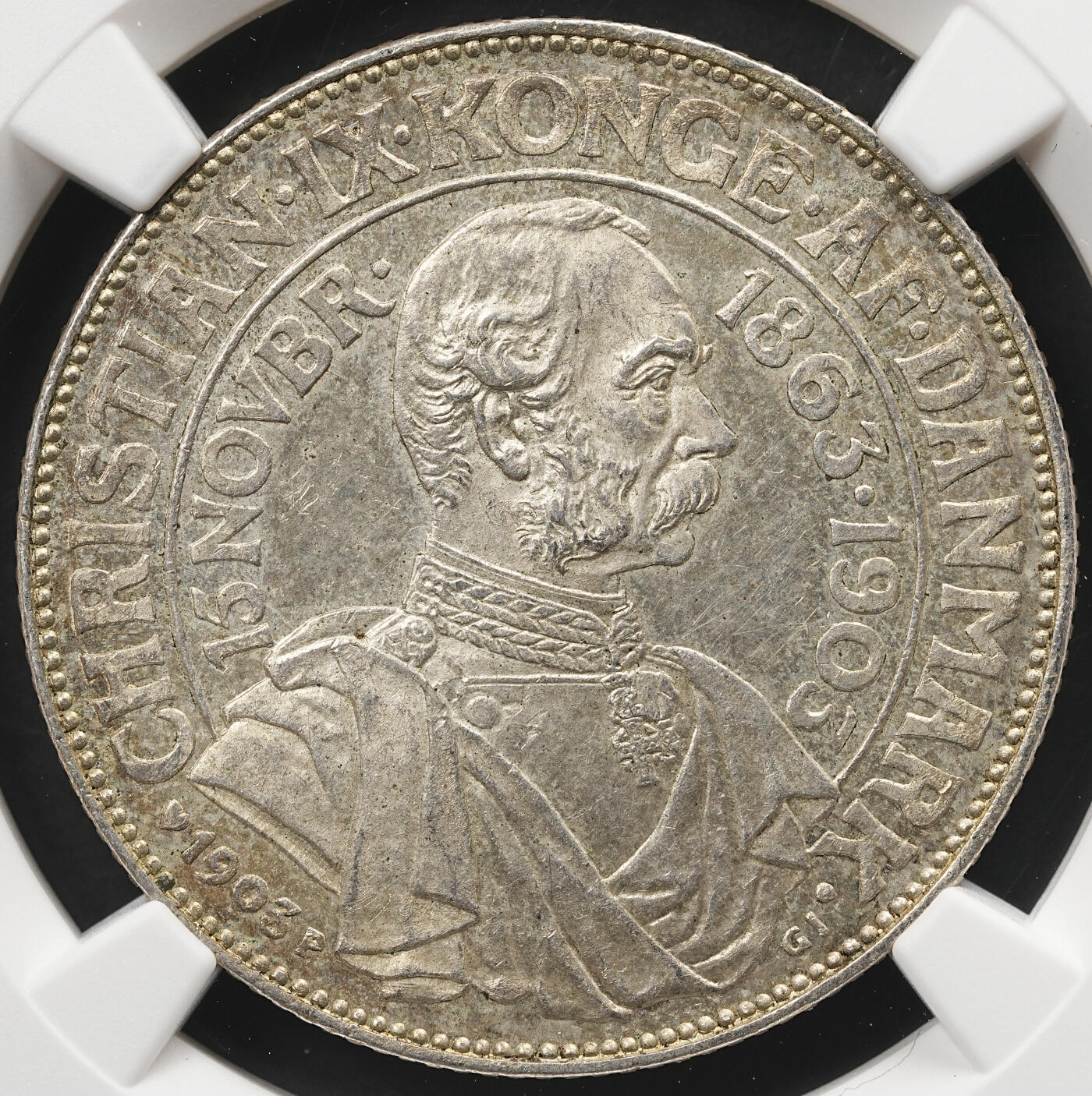 修遠堂世界钱币第五十九期 NGC MS63 1903年丹麦国王登基40周年纪念2克朗银币