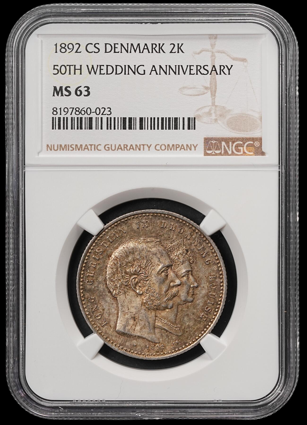 修遠堂世界钱币第五十九期 NGC MS63 1892年丹麦国王金婚纪念2克朗银币