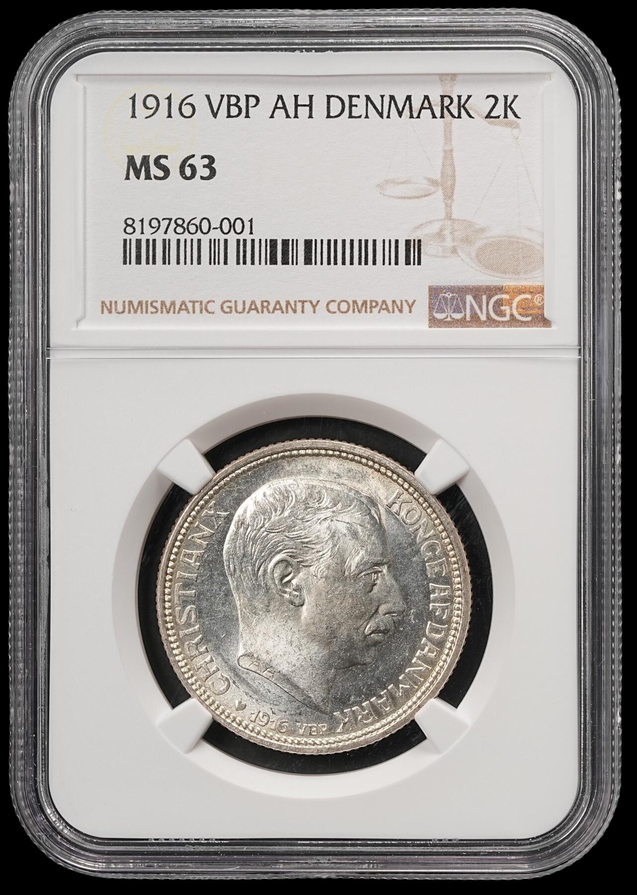 修遠堂世界钱币第五十九期 NGC MS63 1916年丹麦海豚2克朗银币 流通克朗MS较少见