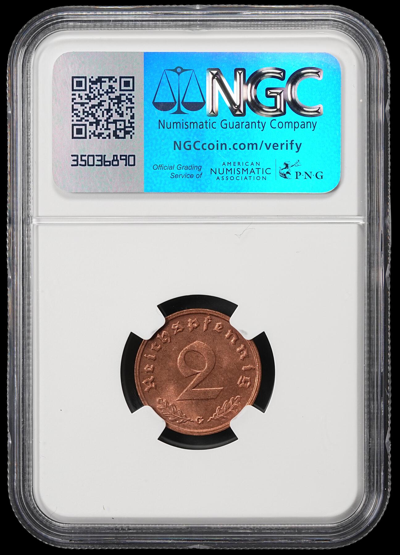修遠堂世界钱币第五十九期 NGC MS64RB 1939年德国2芬尼铜币 G厂铭