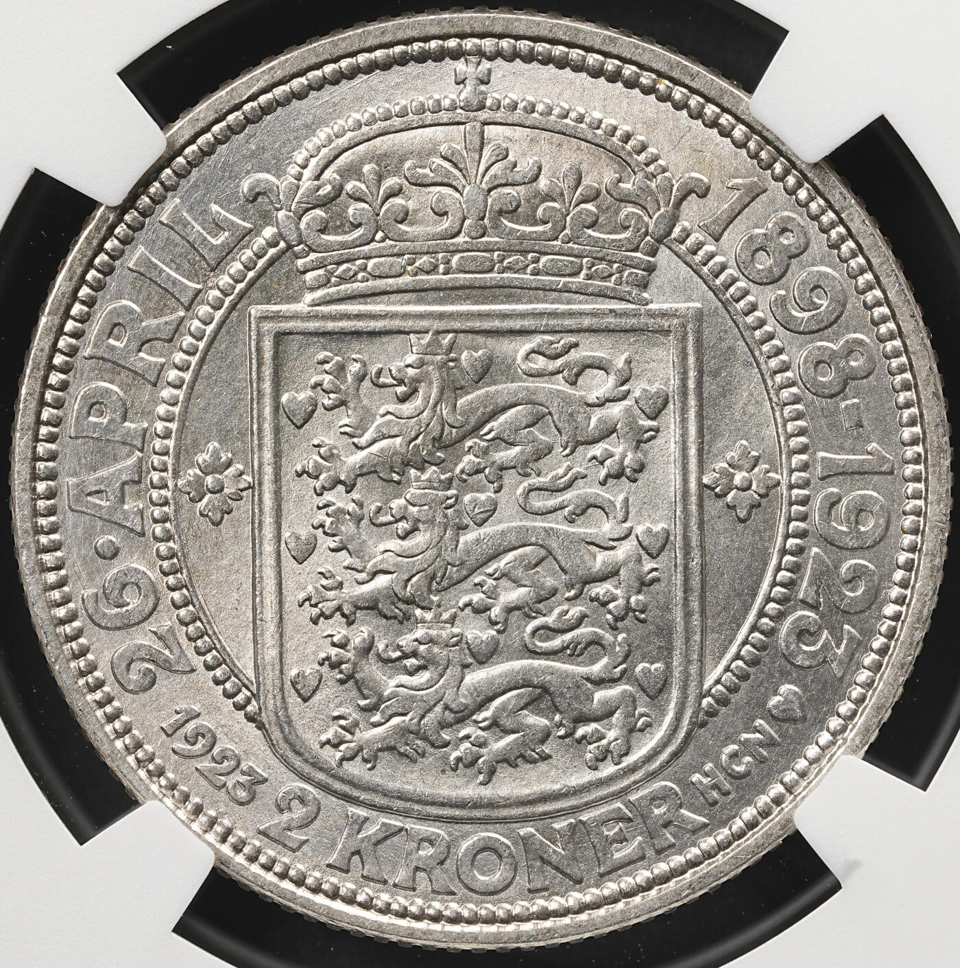 修遠堂世界钱币第五十九期 NGC MS64 1923年丹麦国王银婚纪念2克朗银币