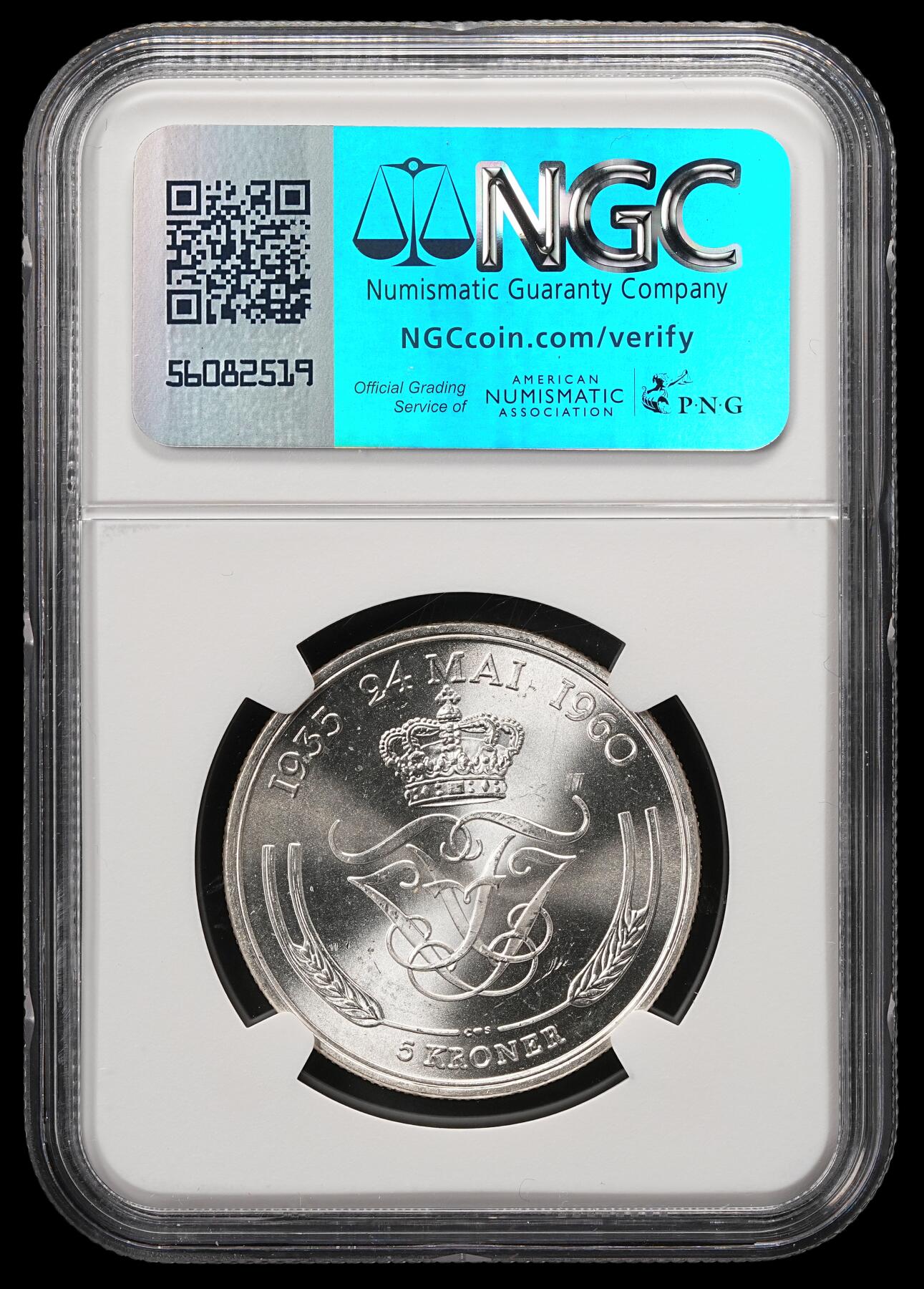 修遠堂世界钱币第五十九期 NGC MS65 1960年丹麦国王银婚纪念5克朗银币