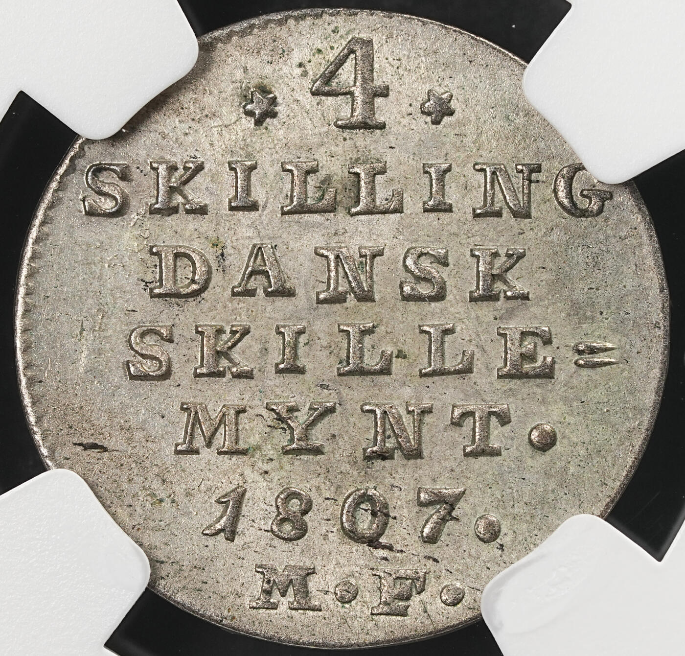 修遠堂世界钱币第五十九期 NGC MS63 1807年丹麦4 SKILLING银币