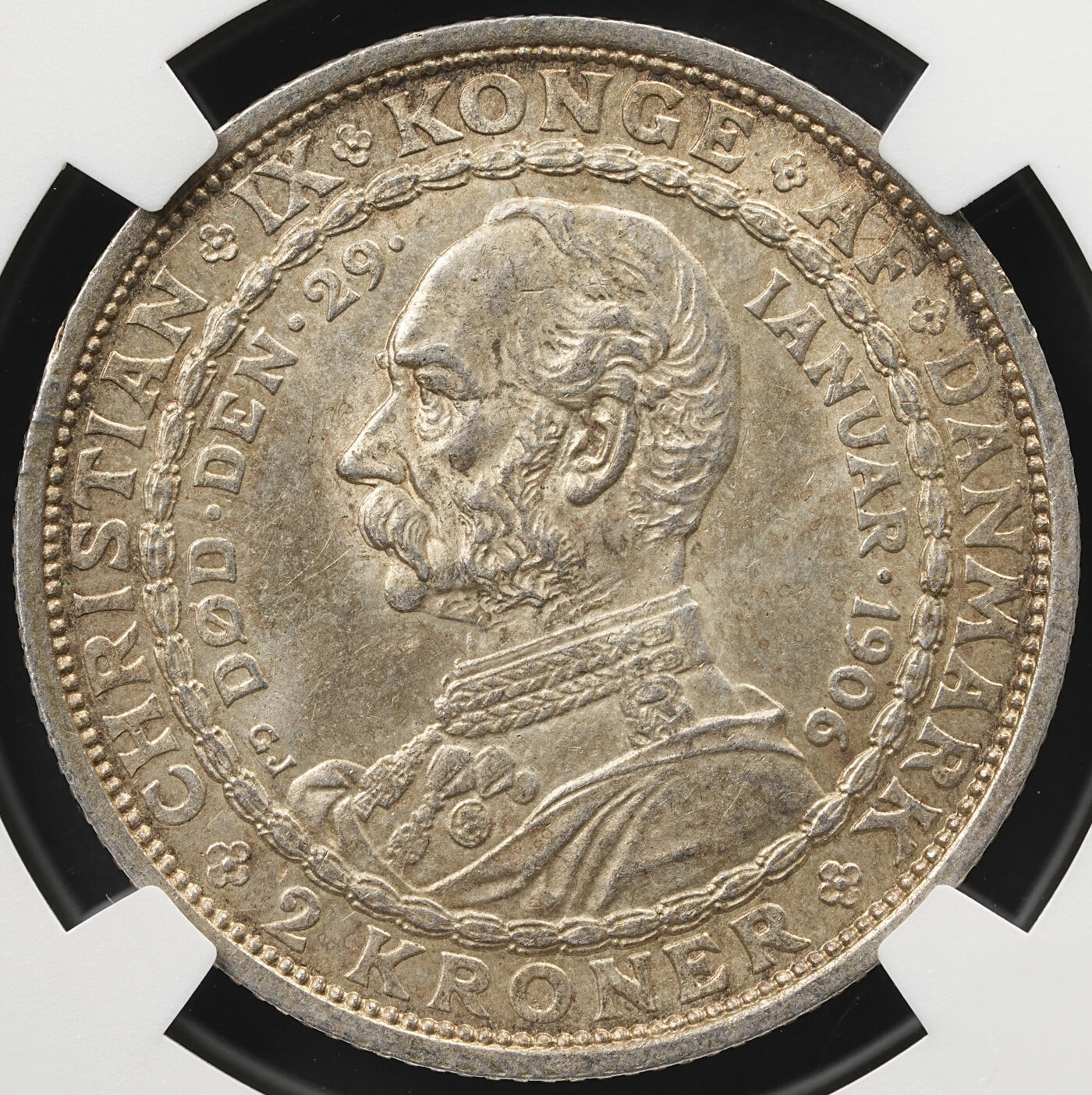 修遠堂世界钱币第五十九期 NGC MS63 1906年丹麦国王更迭纪念2克朗银币