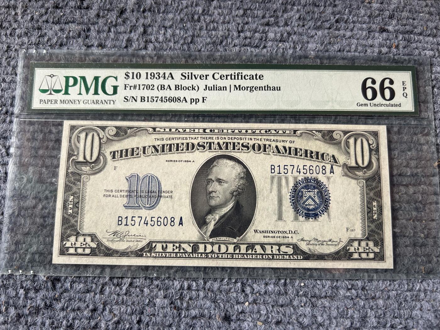 收藏联盟Quantum Auction 第410期拍卖 @征集拍品 长期供货可享分佣福利  1934年A版美国银币券10元 汉密尔顿 PMG66E