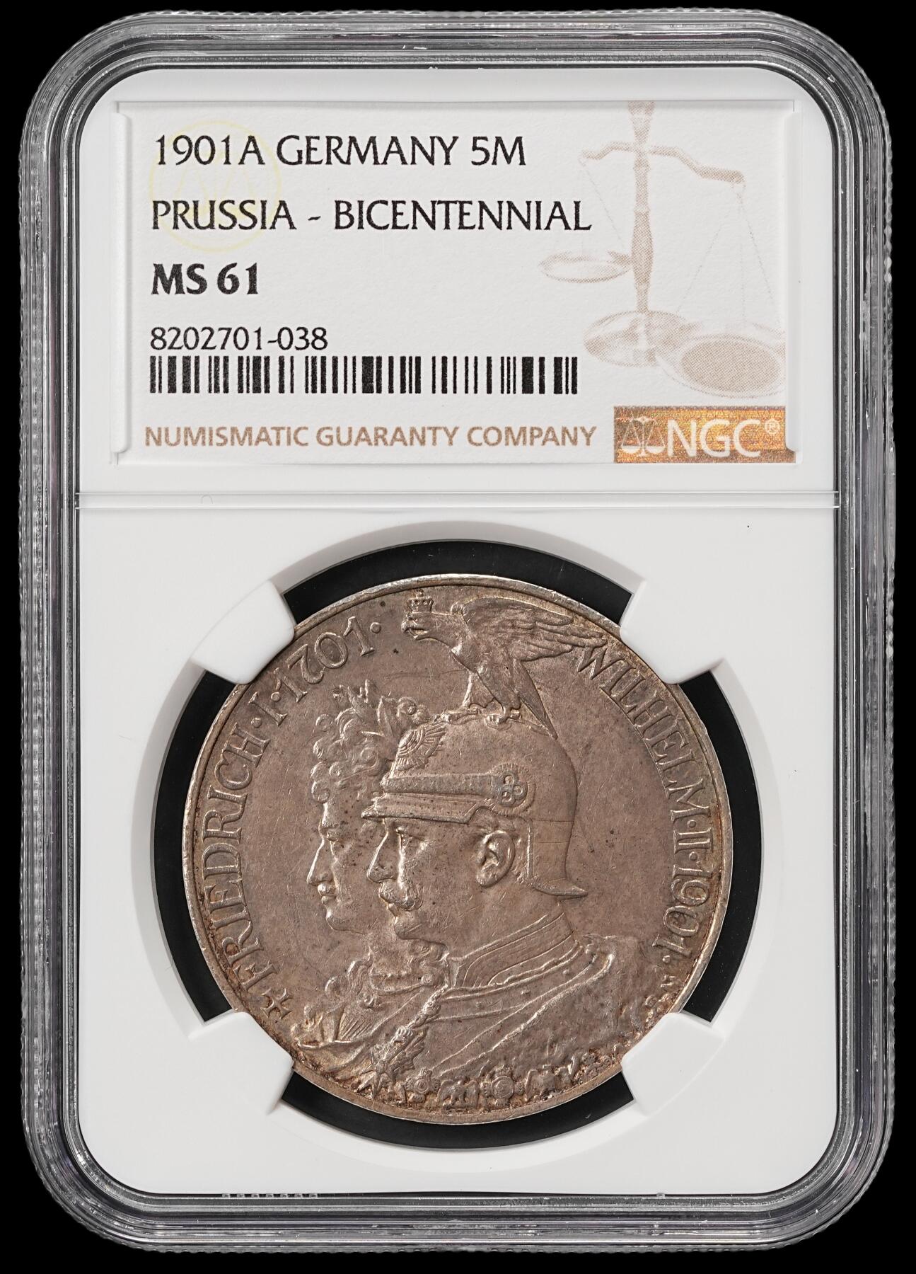 修遠堂世界钱币第五十九期 NGC MS61 1901年普鲁士建国200周年5马克大银币