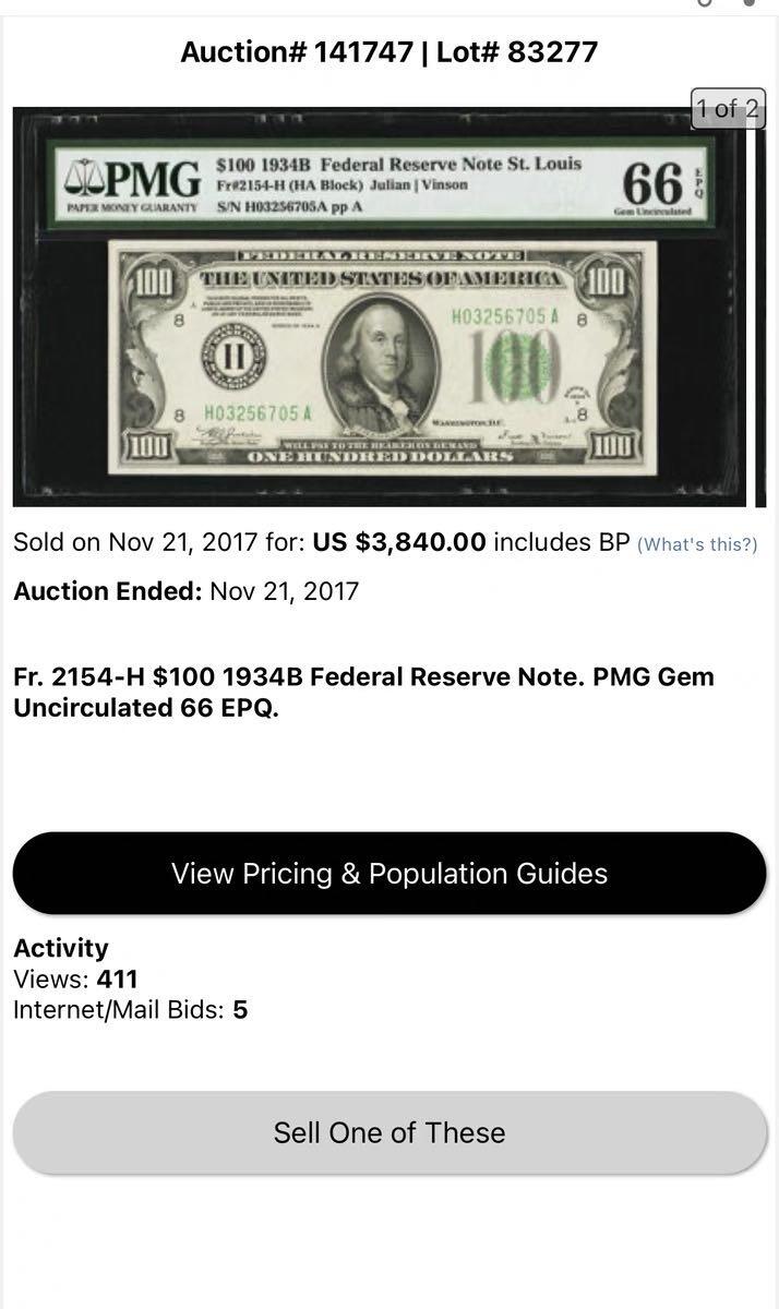 收藏联盟Quantum Auction 第410期拍卖 @征集拍品 长期供货可享分佣福利  1934年B版美国100美元 圣路易斯 PMG66E