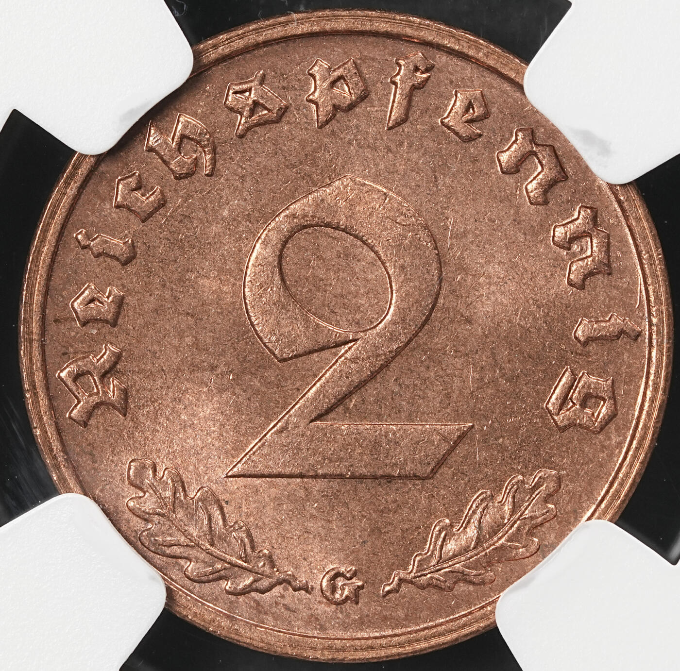 修遠堂世界钱币第五十九期 NGC MS64RB 1939年德国2芬尼铜币 G厂铭