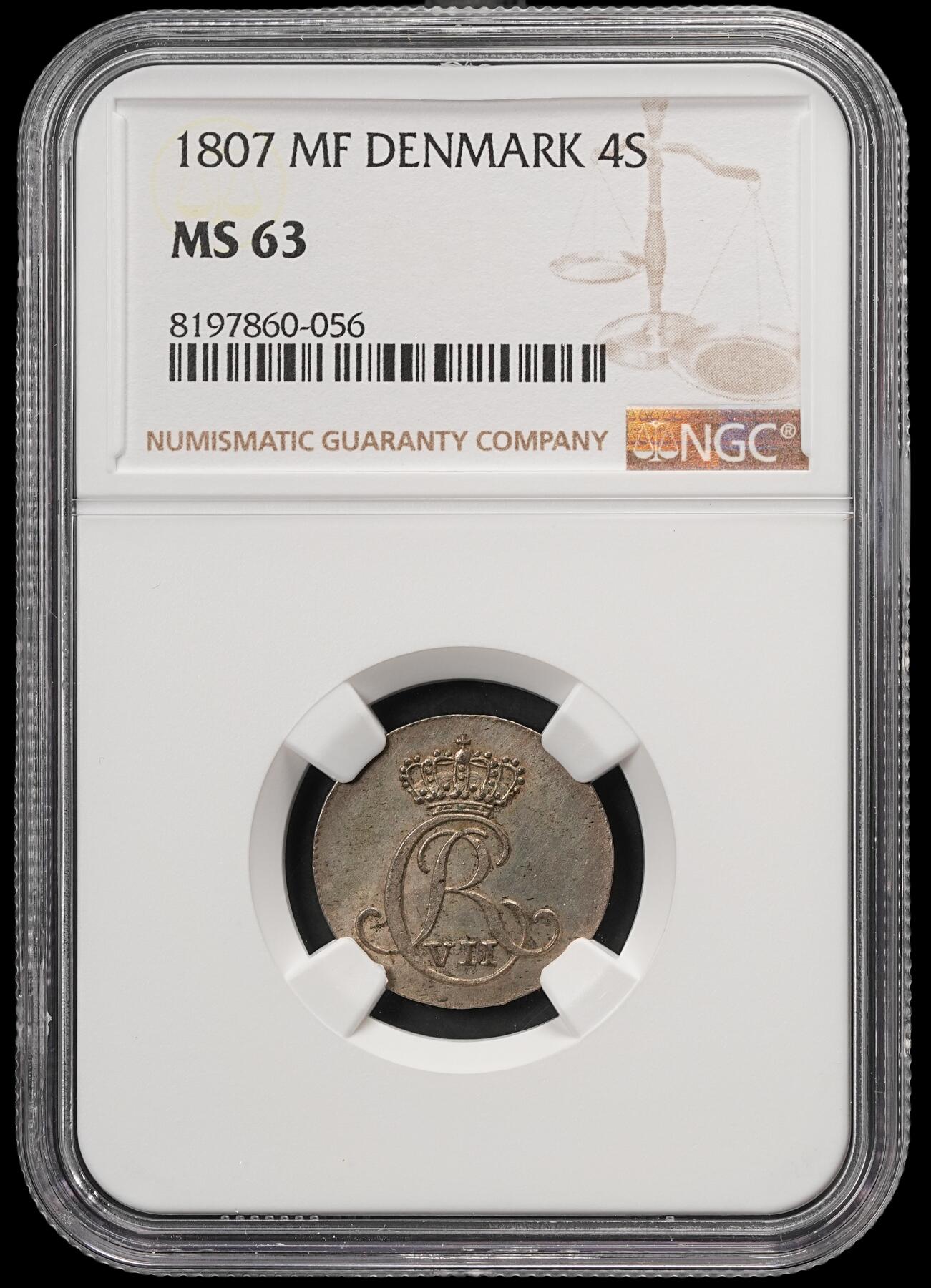 修遠堂世界钱币第五十九期 NGC MS63 1807年丹麦4 SKILLING银币