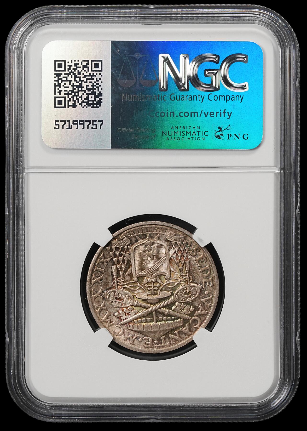 修遠堂世界钱币第五十九期 NGC MS65 1939年梵蒂冈教皇缺位10里拉银币 五彩包浆 仅铸造3万枚