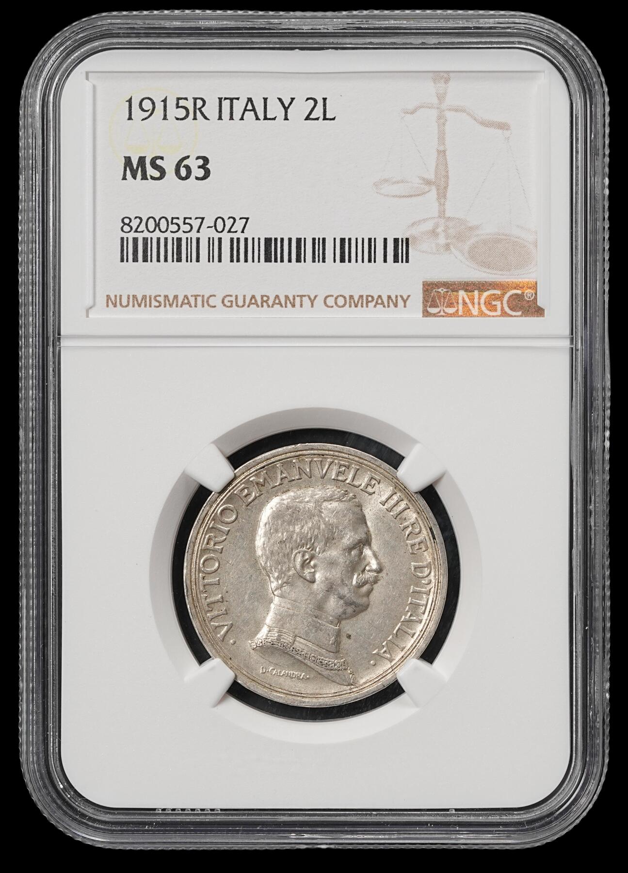修遠堂世界钱币第五十九期 NGC MS63 1915年意大利马车2里拉银币