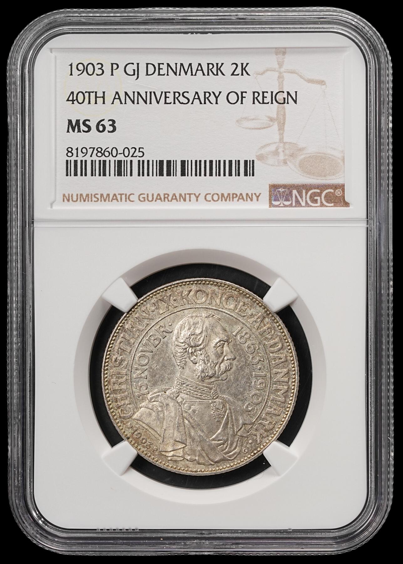 修遠堂世界钱币第五十九期 NGC MS63 1903年丹麦国王登基40周年纪念2克朗银币