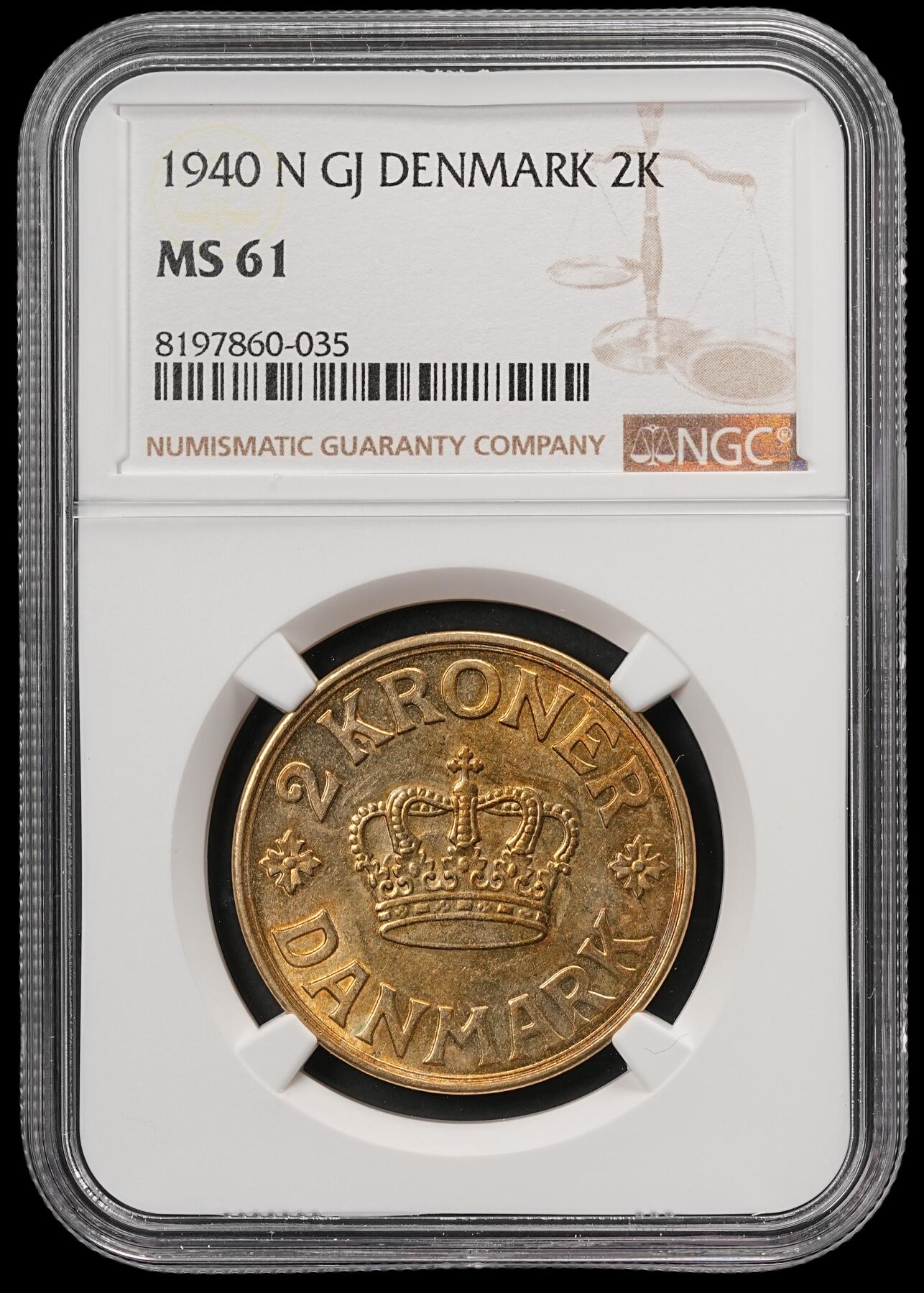 修遠堂世界钱币第五十九期 NGC MS61 1940年丹麦皇冠2克朗铜币 流通版克朗MS较少见
