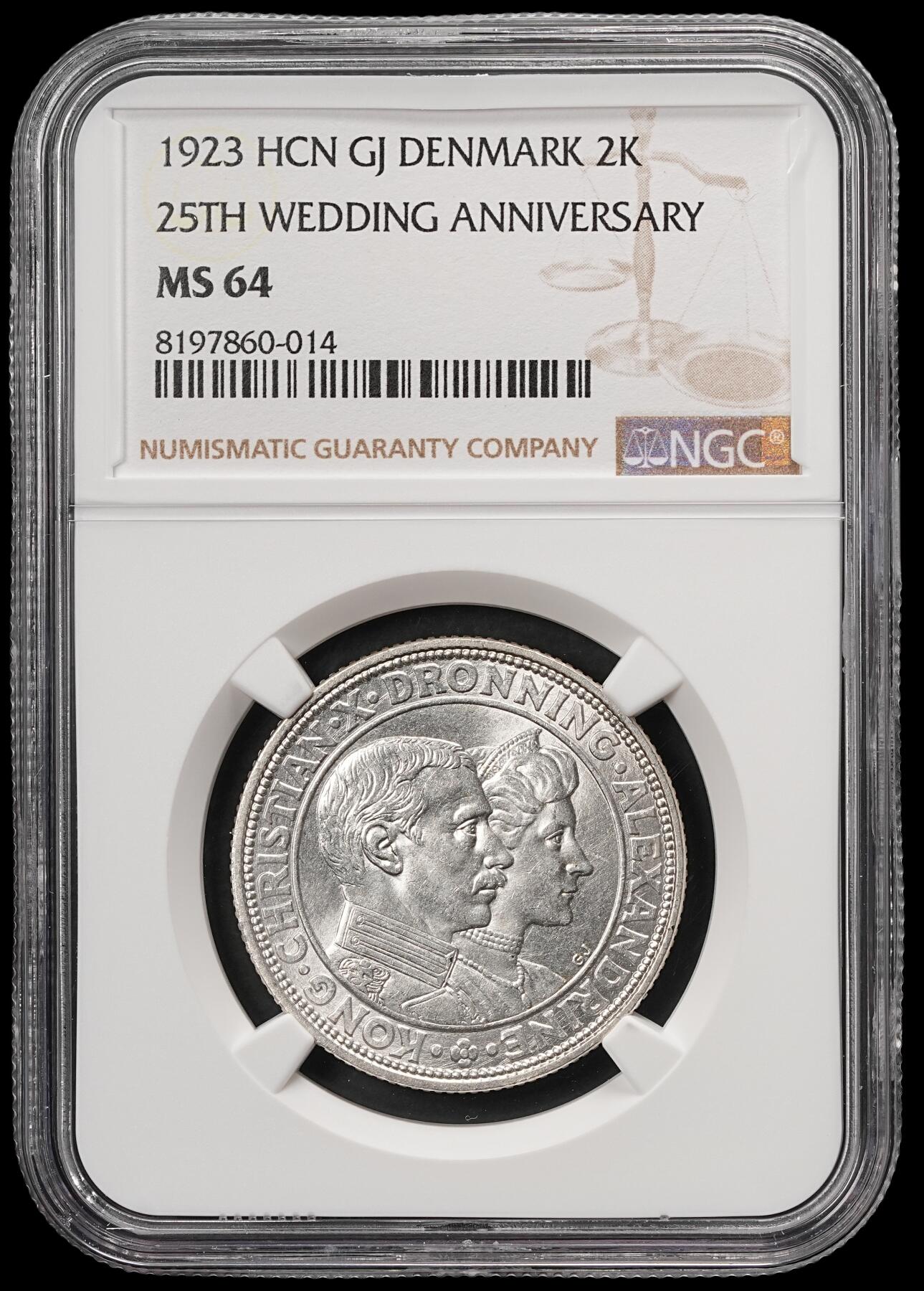 修遠堂世界钱币第五十九期 NGC MS64 1923年丹麦国王银婚纪念2克朗银币