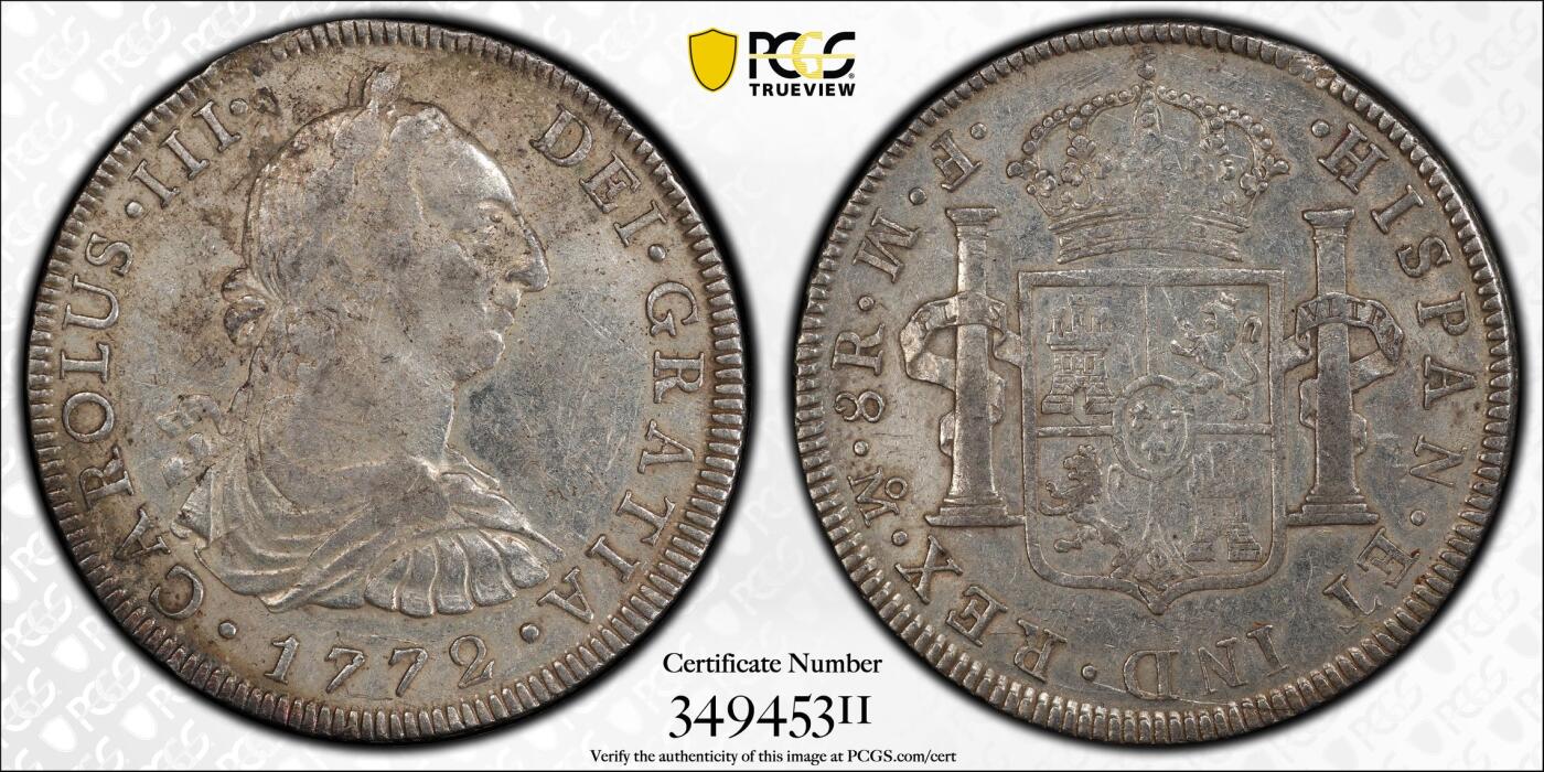 博洋堂“不负春光”二月精品专场暨第112期（全场包邮） PCGS AU50 西属墨西哥1772年MO FM卡洛斯三世人像双柱8R大银币，罕见首年倒FM版，国外成交价早就超万元