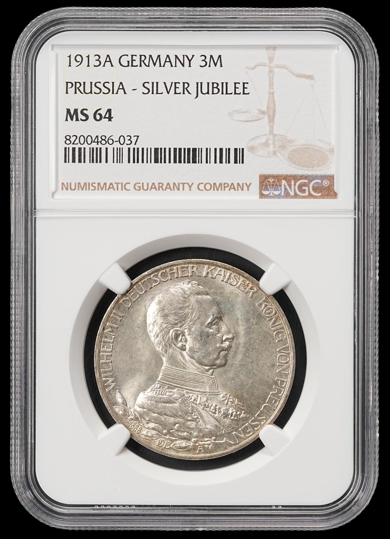 修遠堂世界钱币第五十九期 NGC MS64 1913年威廉二世执政25周年纪念3马克银币