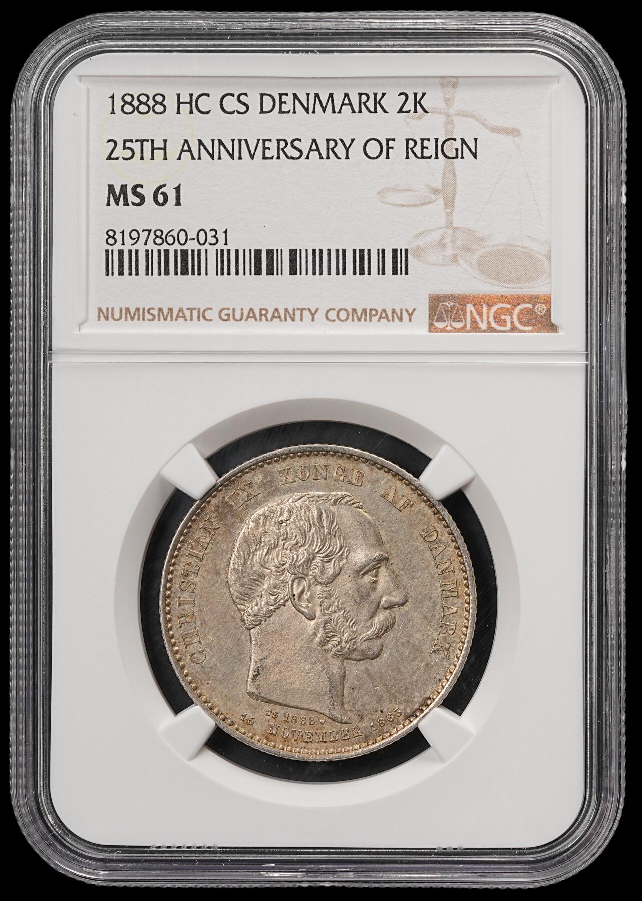 修遠堂世界钱币第五十九期 NGC MS61 1888年丹麦国王登基25周年纪念2克朗银币