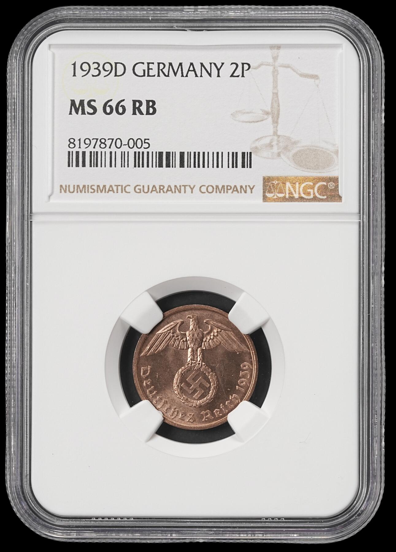 修遠堂世界钱币第五十九期 NGC MS66RB 1939年德国2芬尼铜币 D厂铭 冠军分