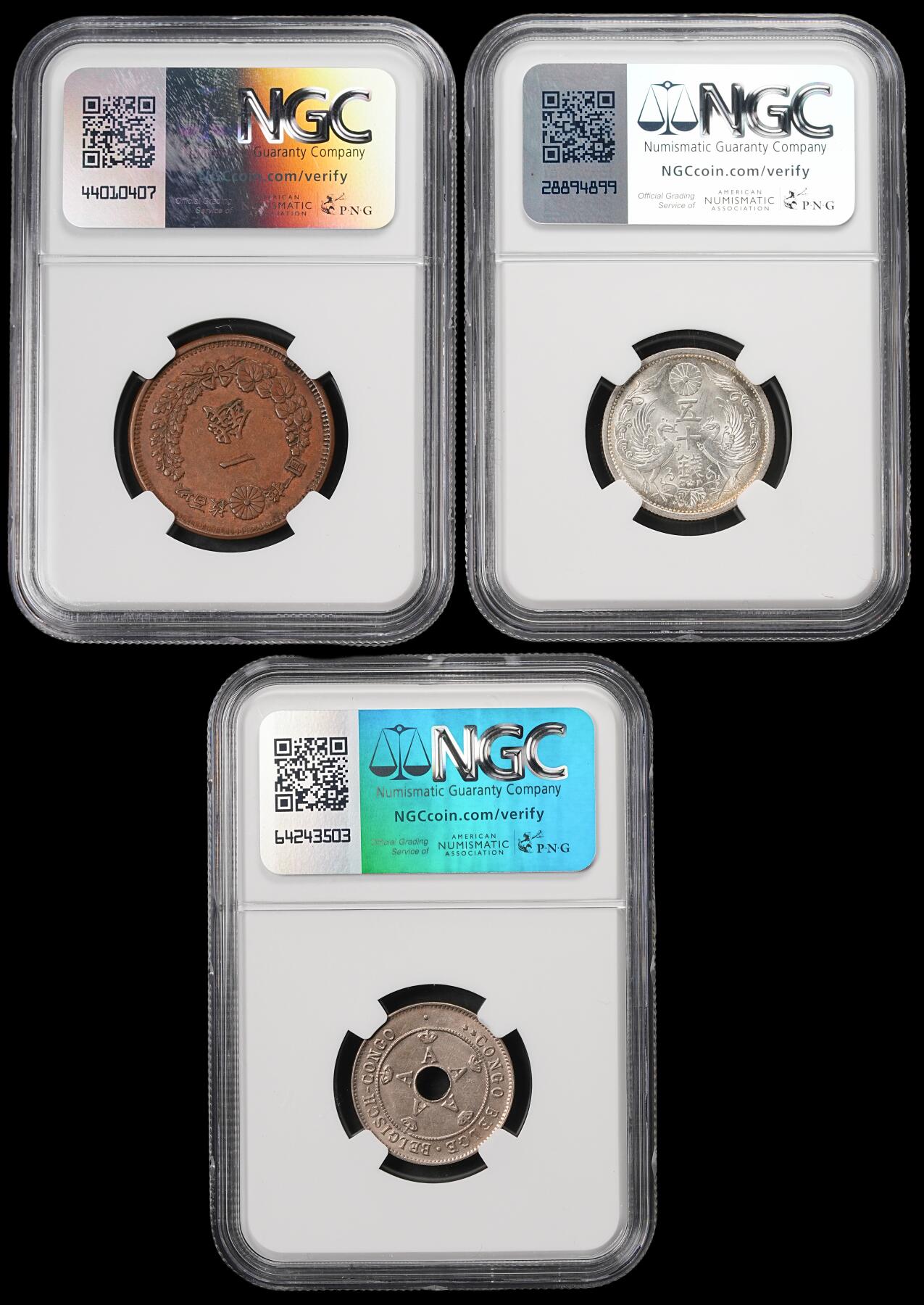 修遠堂世界钱币第五十九期 NGC评级 日本，比属刚果钱币三枚