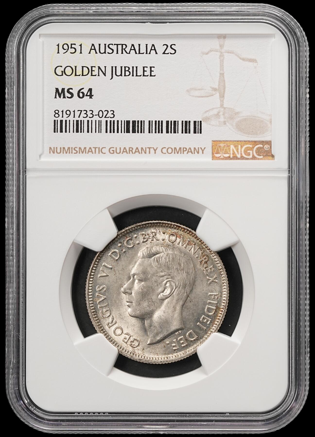 修遠堂世界钱币第五十九期 NGC MS64 1951年澳大利亚联邦50周年纪念1弗罗林银币