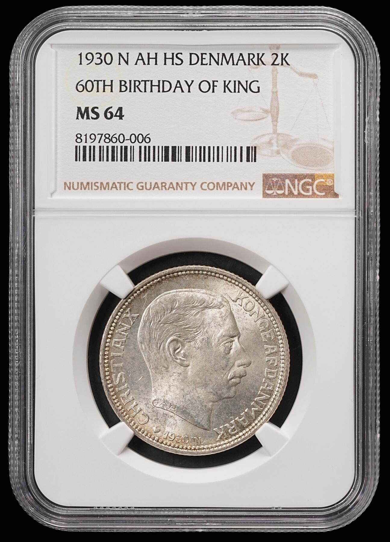 修遠堂世界钱币第五十九期 NGC MS64 1930年丹麦国王60大寿纪念2克朗银币