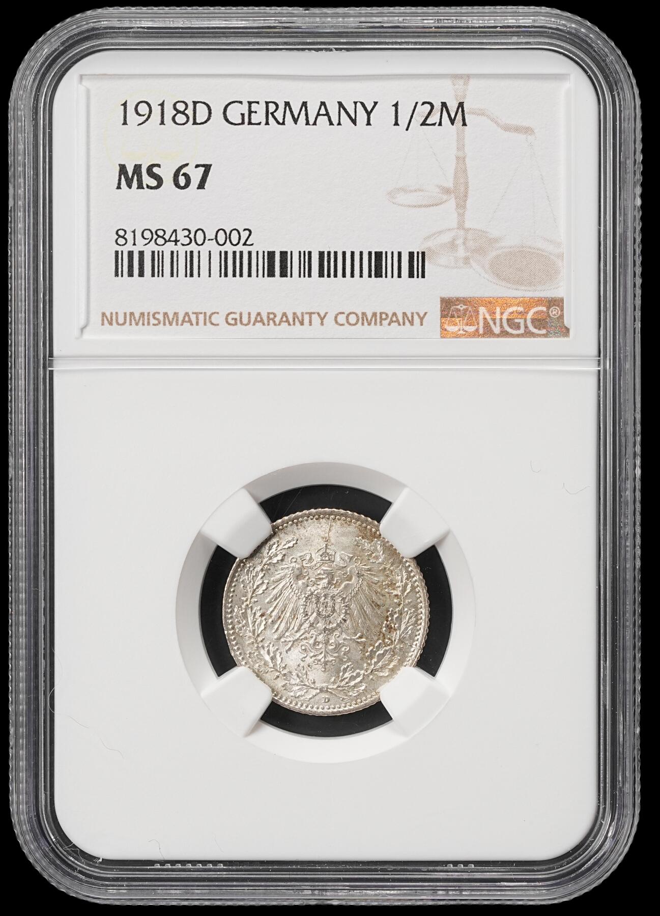 修遠堂世界钱币第五十九期 NGC MS67 1918年德国1/2马克银币 D厂铭