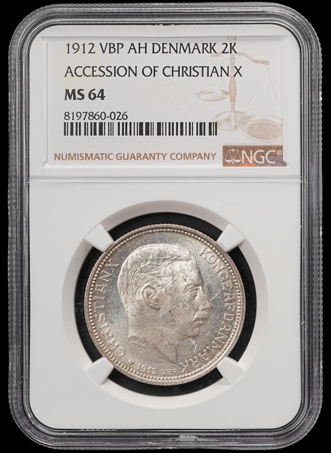 修遠堂世界钱币第五十九期 NGC MS64 1912年丹麦国王更迭纪念2克朗银币