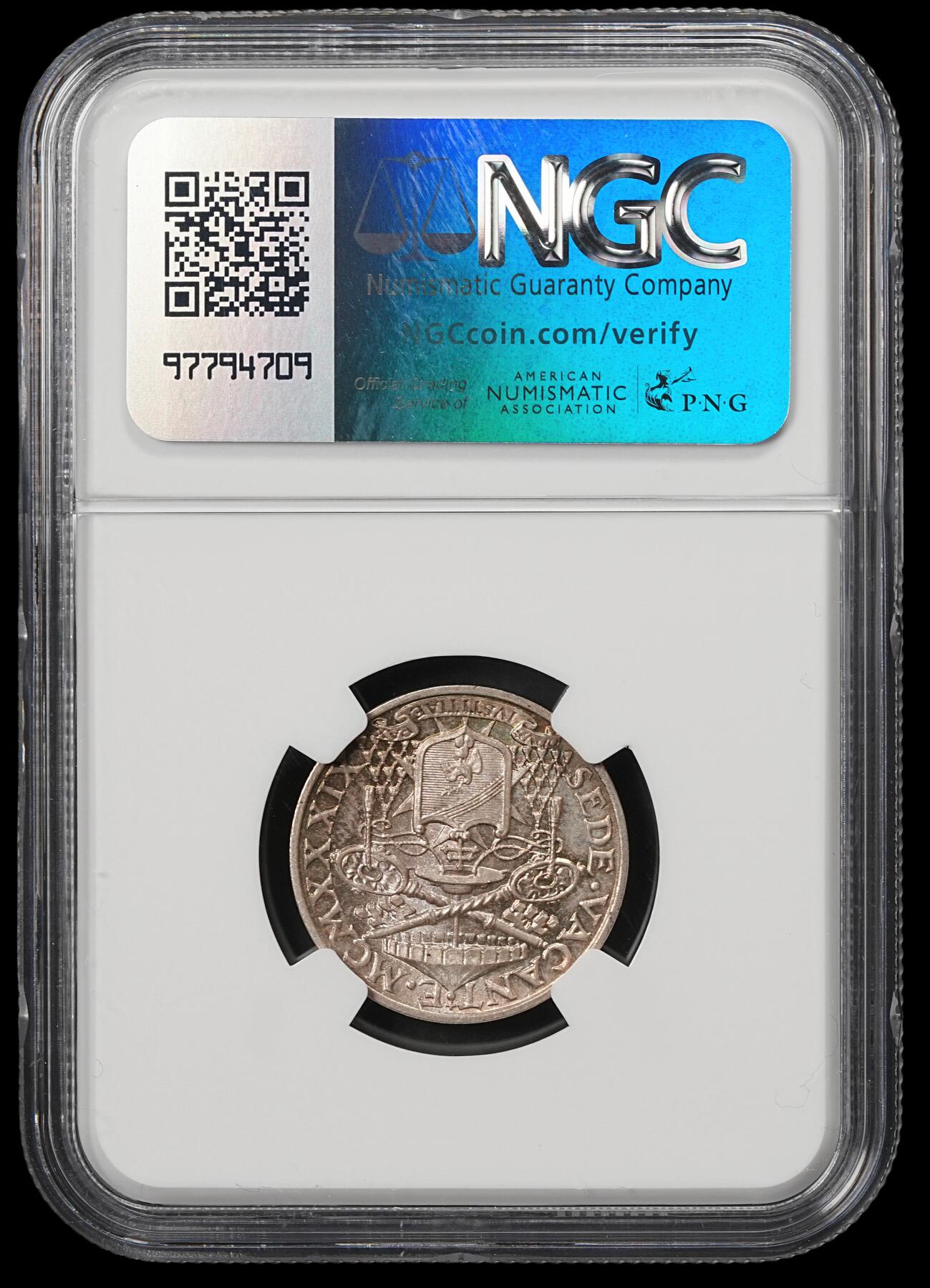 修遠堂世界钱币第五十九期 NGC MS65 1939年梵蒂冈教皇缺位5里拉银币 五彩包浆 仅铸造4万枚