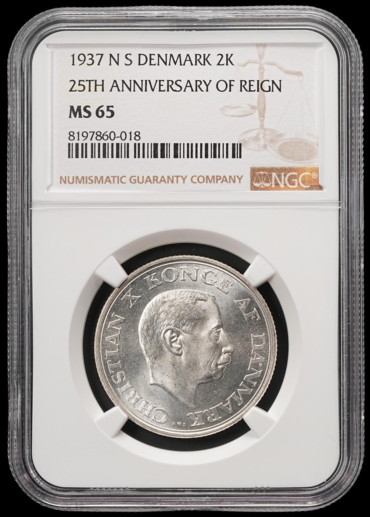 修遠堂世界钱币第五十九期 NGC MS65 1937年丹麦国王登基25周年纪念2克朗银币