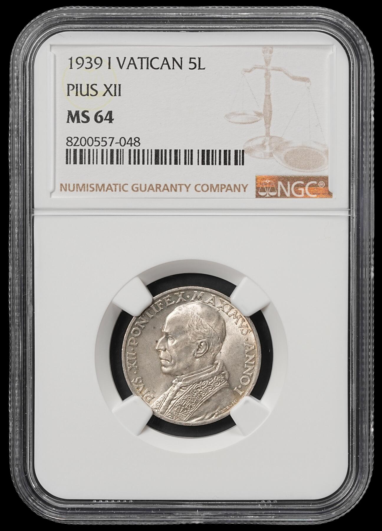 修遠堂世界钱币第五十九期 NGC MS64 1939年梵蒂冈5里拉银币