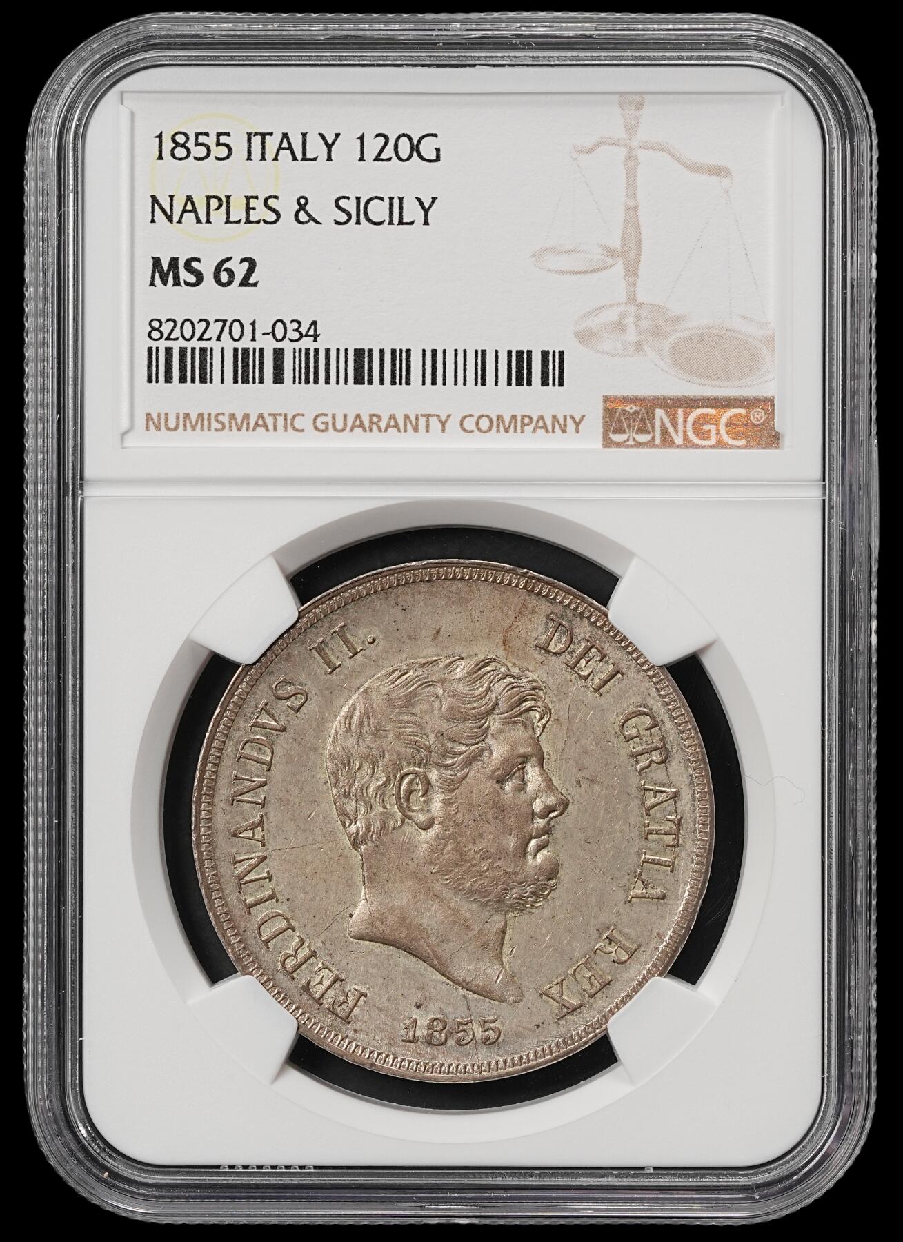 修遠堂世界钱币第五十九期 NGC MS62 1855年那不勒斯和西西里王国120 GRANA大银币