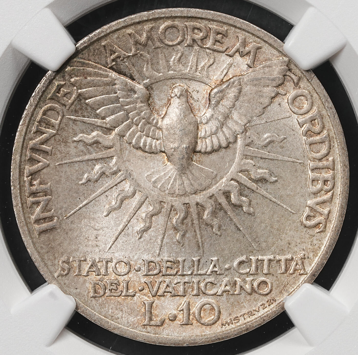 修遠堂世界钱币第五十九期 NGC MS65 1939年梵蒂冈教皇缺位10里拉银币 五彩包浆 仅铸造3万枚