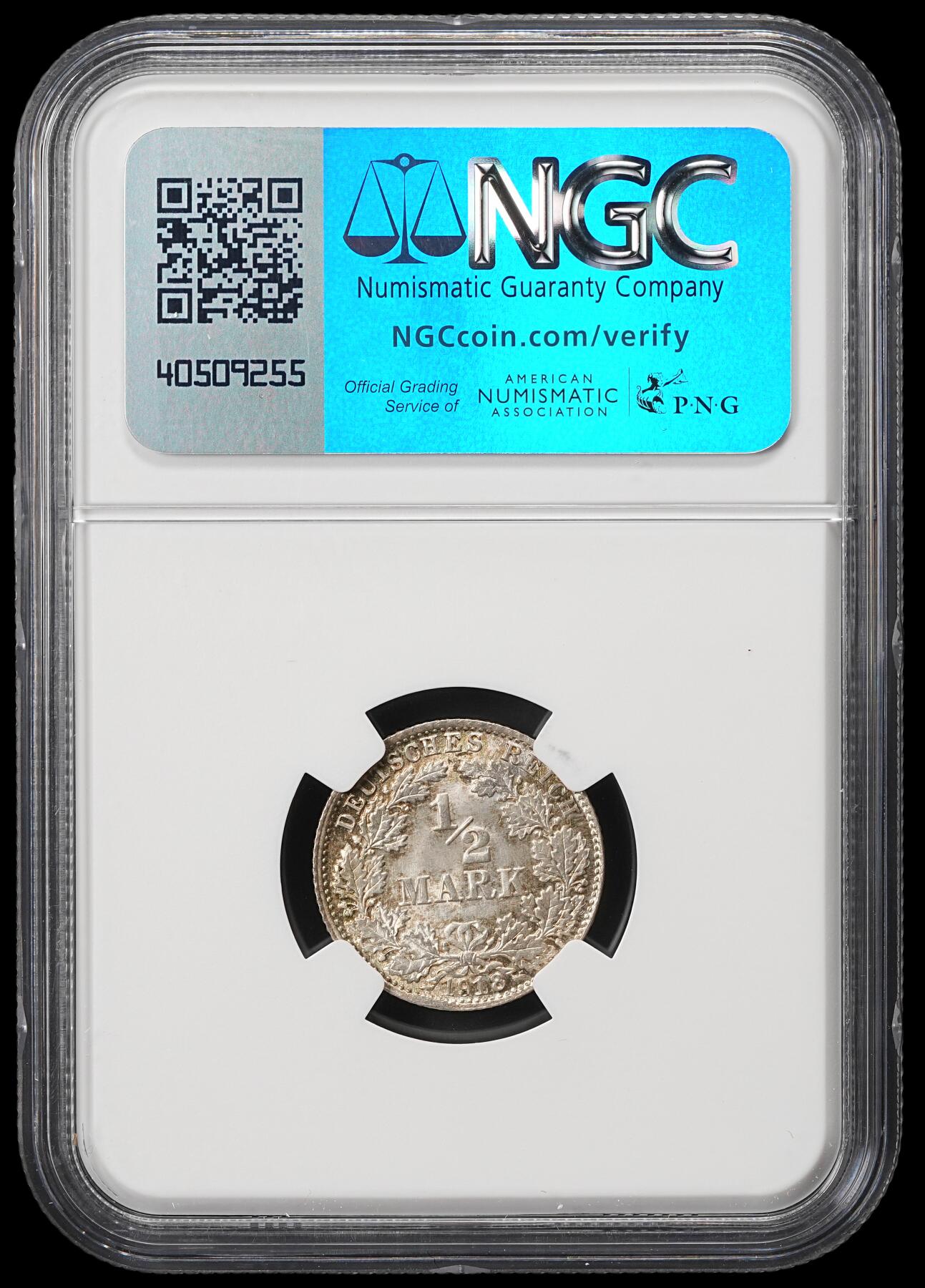 修遠堂世界钱币第五十九期 NGC MS67 1918年德国1/2马克银币 D厂铭