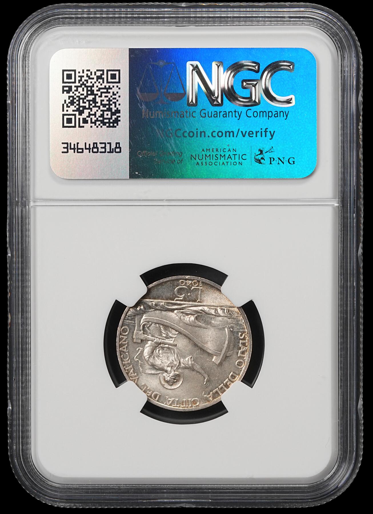 修遠堂世界钱币第五十九期 NGC MS64 1940年梵蒂冈5里拉银币