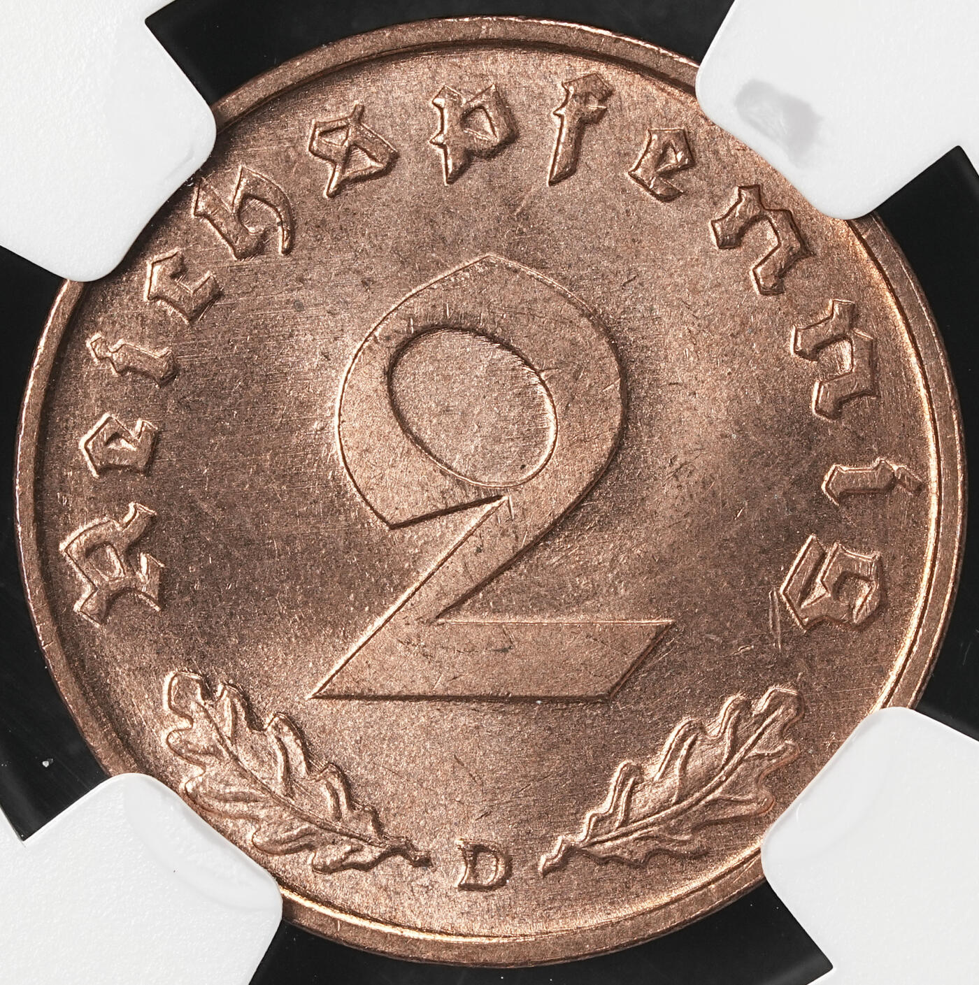 修遠堂世界钱币第五十九期 NGC MS66RB 1939年德国2芬尼铜币 D厂铭 冠军分