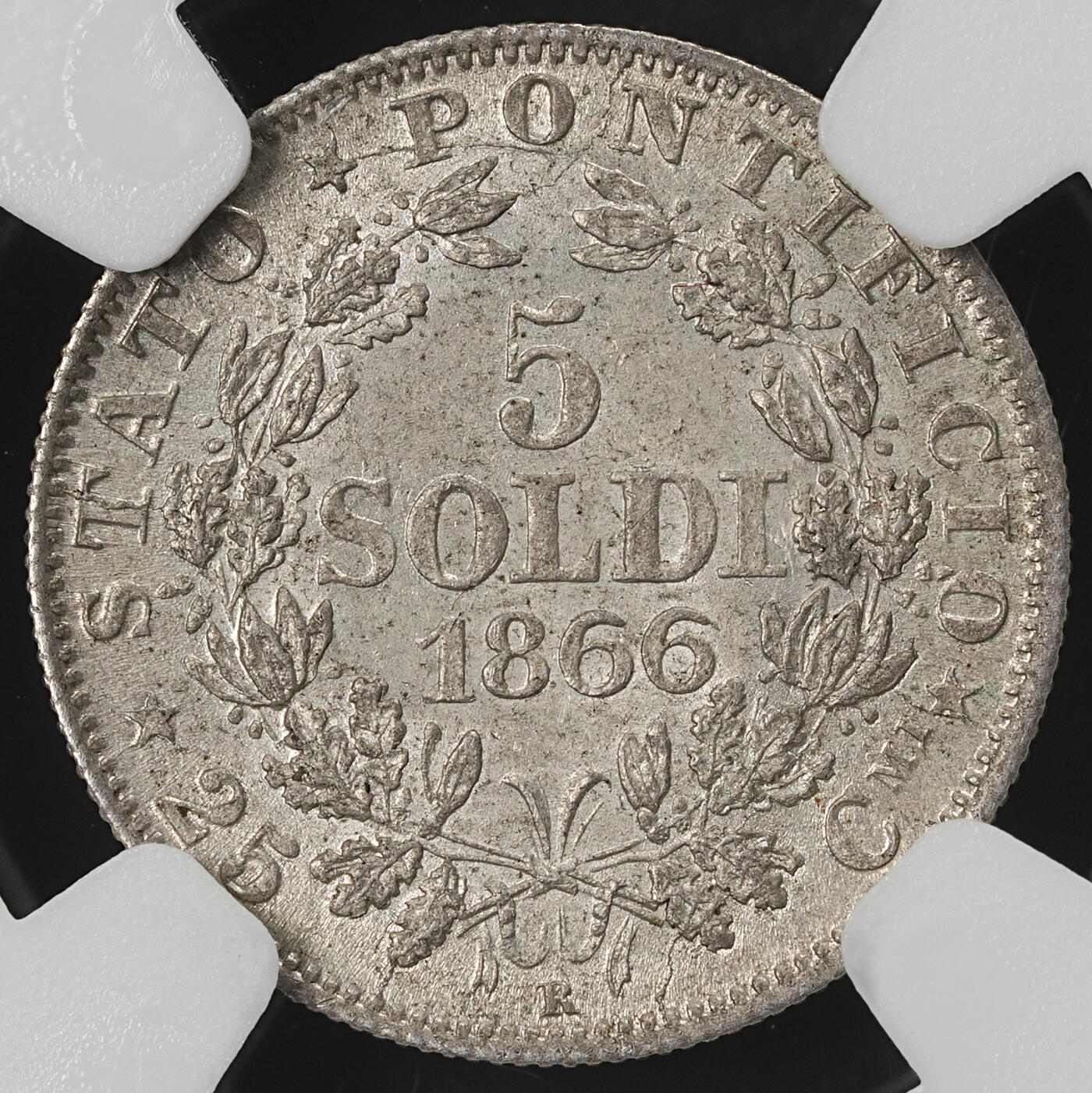 修遠堂世界钱币第五十九期 NGC MS64 1866年教皇国5 SOLDI银币 少见年份 仅10万铸造量