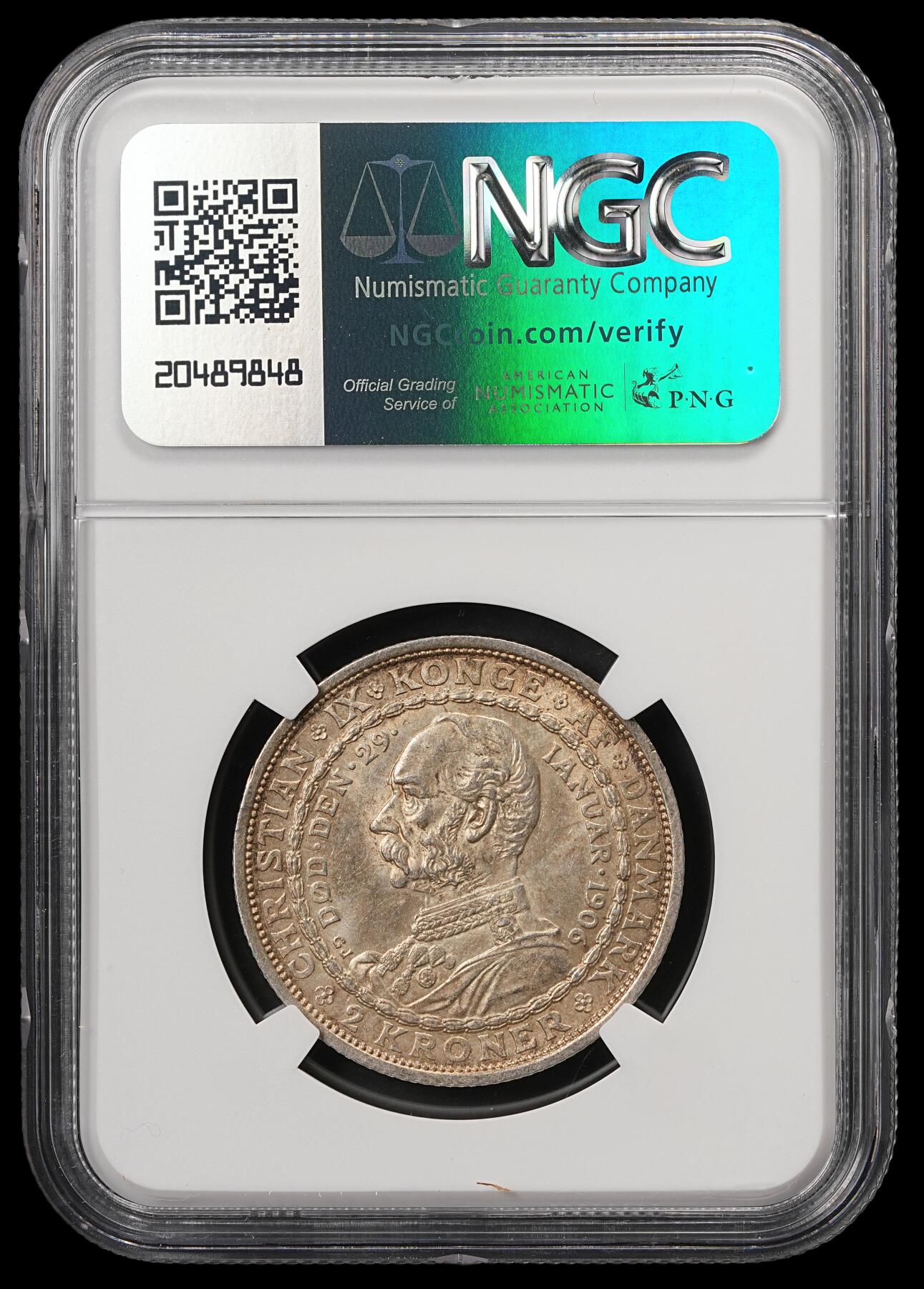 修遠堂世界钱币第五十九期 NGC MS63 1906年丹麦国王更迭纪念2克朗银币