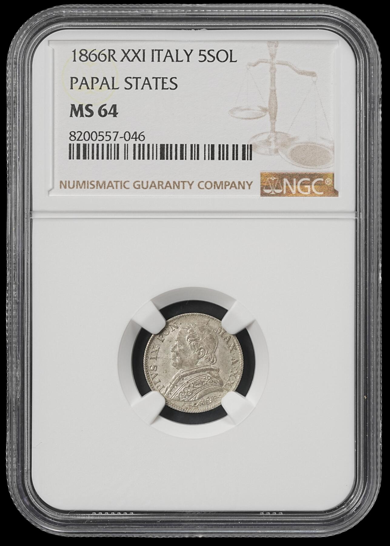 修遠堂世界钱币第五十九期 NGC MS64 1866年教皇国5 SOLDI银币 少见年份 仅10万铸造量