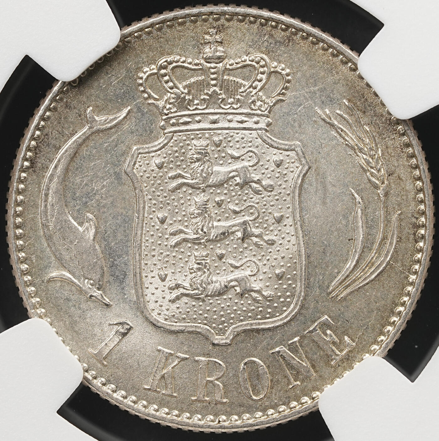 修遠堂世界钱币第五十九期 NGC MS63 1915年丹麦海豚1克朗银币 流通克朗MS较少见