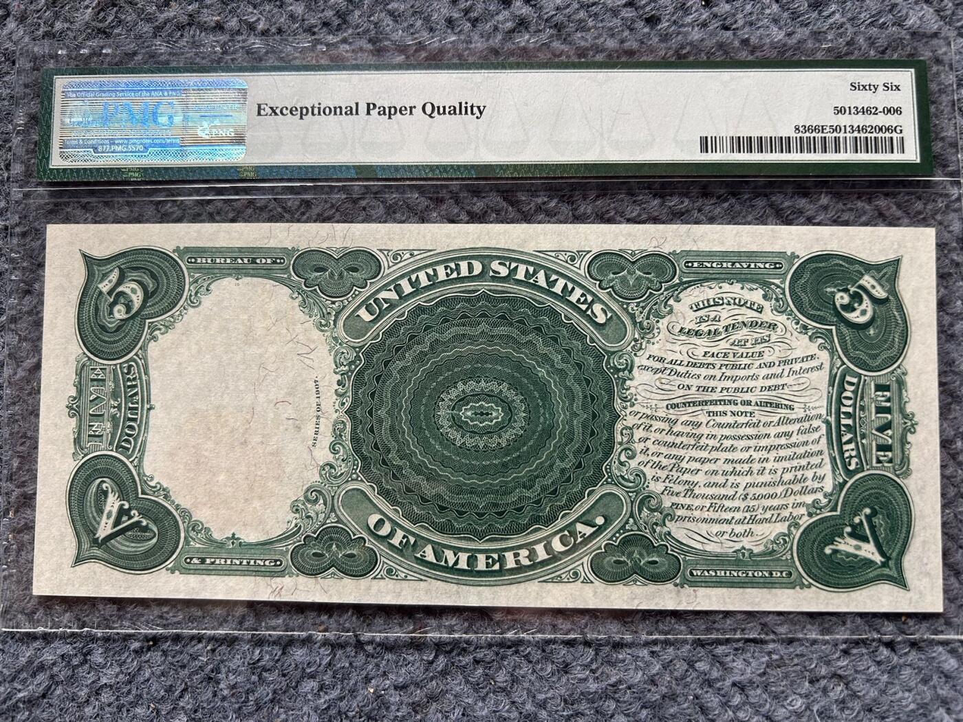 收藏联盟Quantum Auction 第410期拍卖 @征集拍品 长期供货可享分佣福利  1907年美国大票幅5元伐木工 A冠 PMG66E