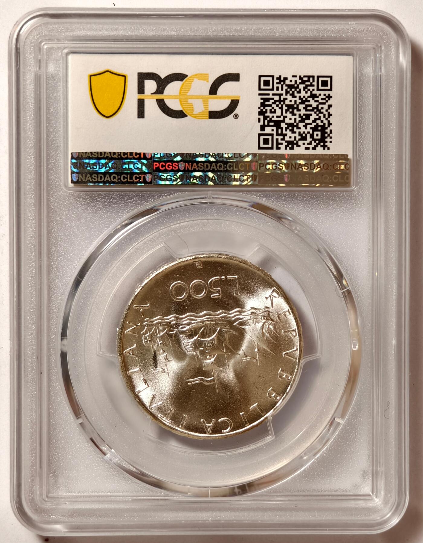 紫瑗钱币——第518期 意大利 1966年 R版 少女与帆船 500里拉 银币 PCGS MS66