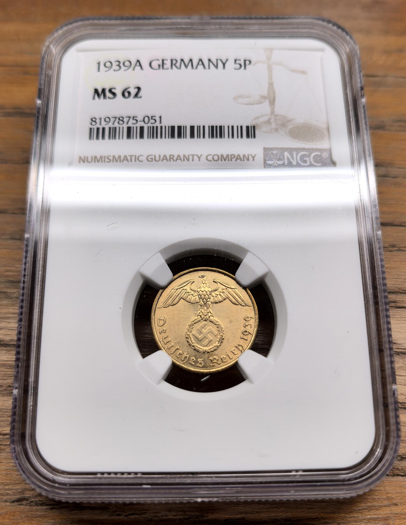 凡希社世界钱币微拍第二百九十八期 1939A德国万字5芬尼NGC-MS62