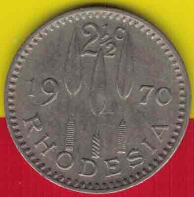罗得西亚(今津巴布韦)1970年2.5分(2 1/2分) 铜镍合金制 实物图 八五品